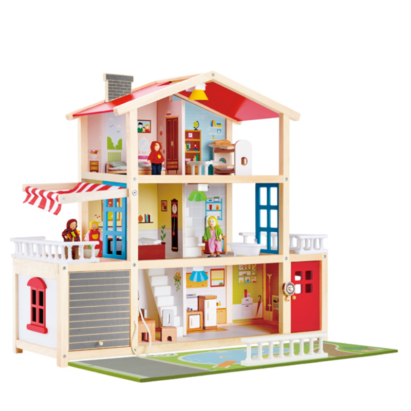 Pretend Play - Casa de muñecas de madera de 3 pisos con luz, timbre de  puerta y dormitorio, baño, sala de estar y muebles de comedor para niños de  3